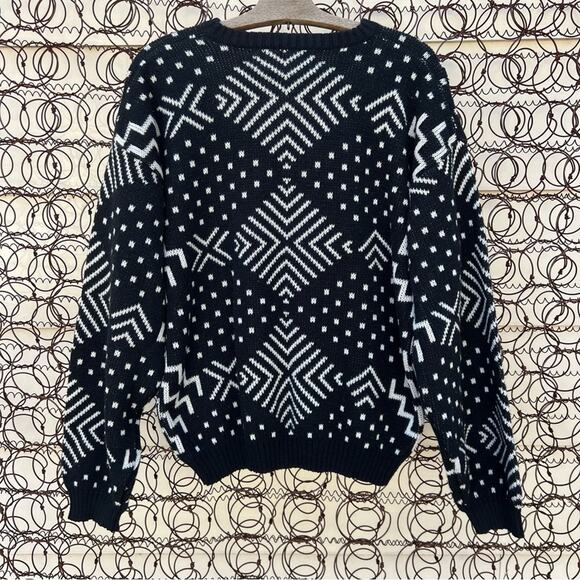 Vintage 80s Sweater Graphix Black White Geometric Diamond Dot Lines Sweater LG - Picture 3 of 4